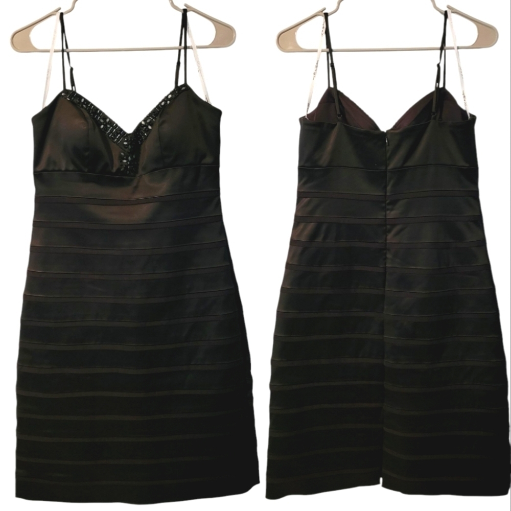 Oleg Cassini Black Satin Sweetheart Beaded Neckline Cocktail Dress LBD Wmn 6